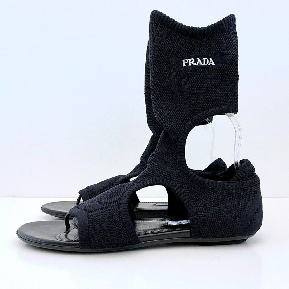 Prada Knitted Black Stretch Sock Flat Sandals Cutouts - Picture 2 of 13